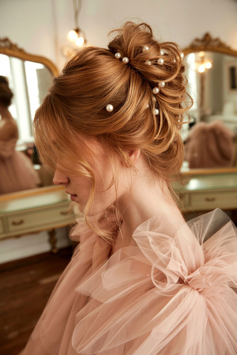 Messy Chignon With Pearls - 25 Elegant Valentine's Day Hairstyles