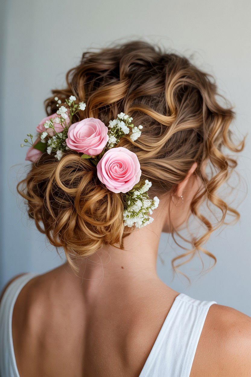 Messy curly updo with floral accents - 25 Valentine's Day Curly Hair Ideas