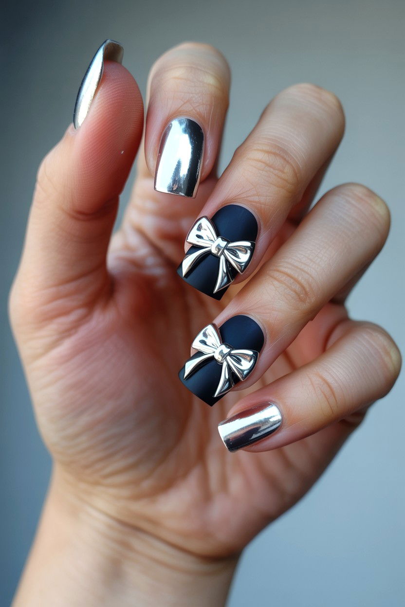 Metallic Bow Nails - 25 Bow Valentine's Day Nail Ideas