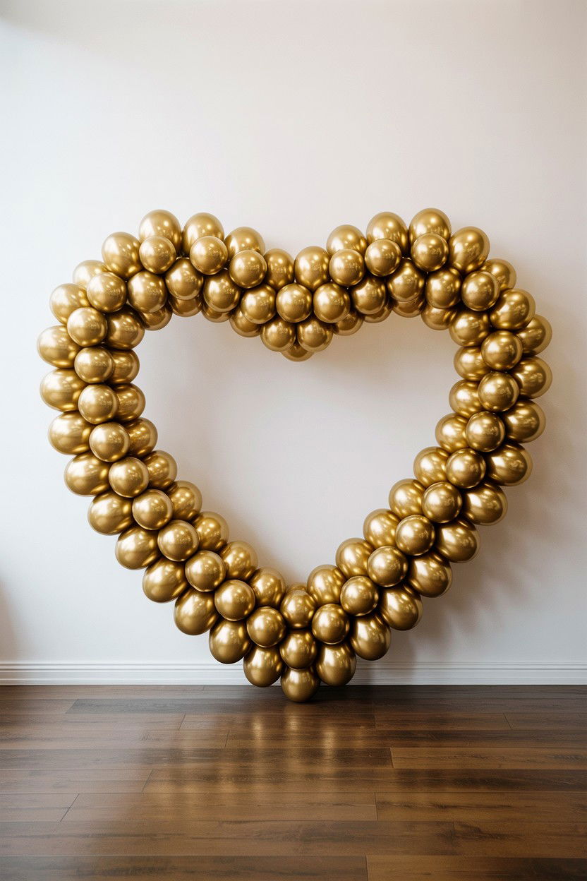 Metallic Gold Heart Balloon Wall - 25 Valentine's Day Balloon Wall Ideas