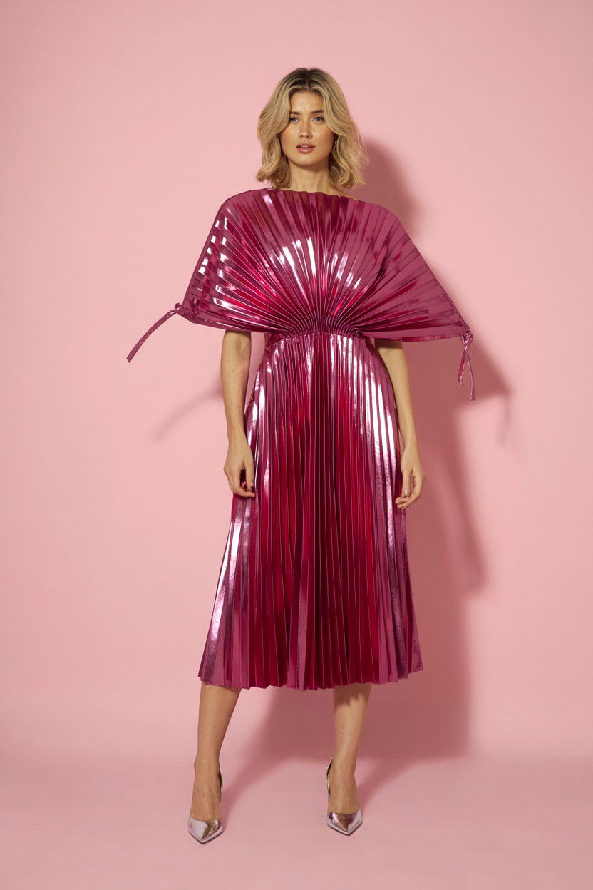 Metallic Pink Pleated Dress - 25 Valentine's Day Midi Dress Ideas