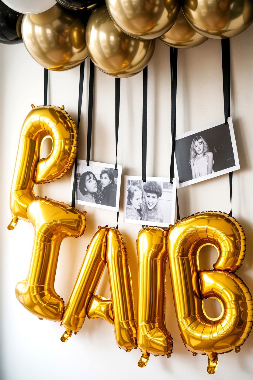Metallic gold balloon photo setup - 25 Valentine's Day Photo Balloon Ideas