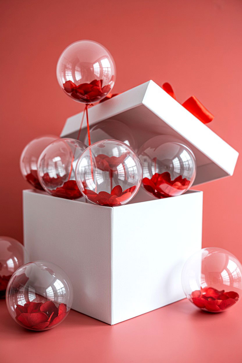 Mini clear balloons in a box - 25 Valentine's Day Clear Balloon Ideas