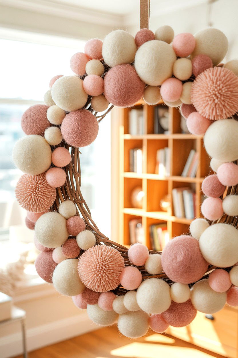 Mixed Felt Pom Pom Wreath - 25 Felt Valentine's Day Wreath Ideas