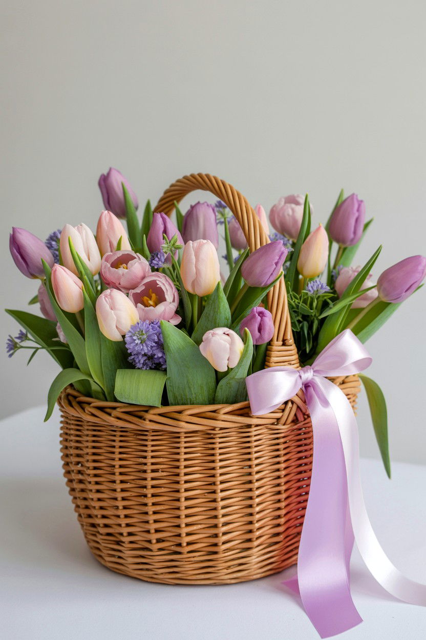 Mixed Pastel Tulip Basket - 25 Valentine's Day Tulip Arrangement Ideas
