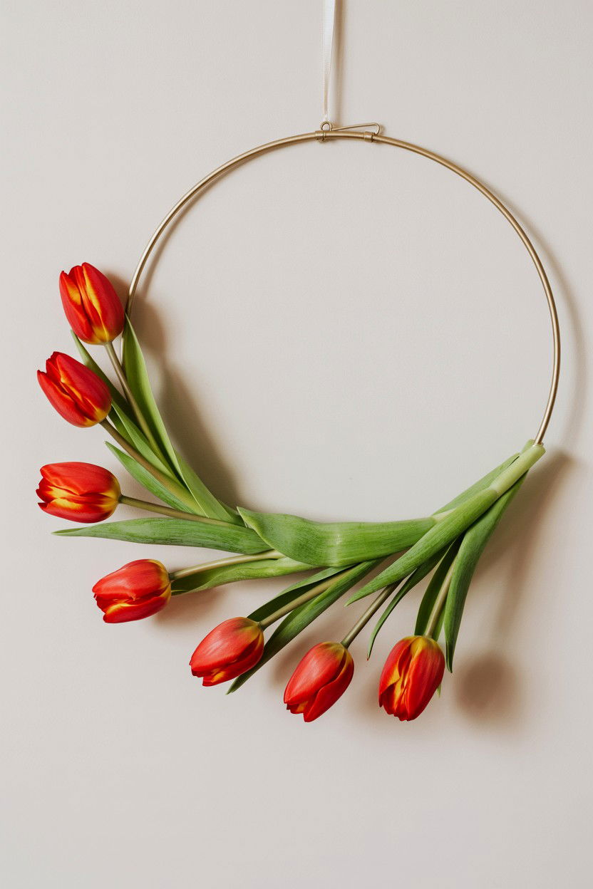 Modern Tulip Wreath With Gold Hoop - 25 Tulip Valentine's Day Wreath Ideas