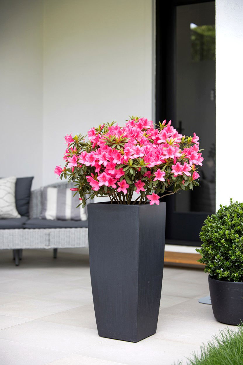 Modern black planter pink blooms - 25 Valentine's Day Planter Ideas
