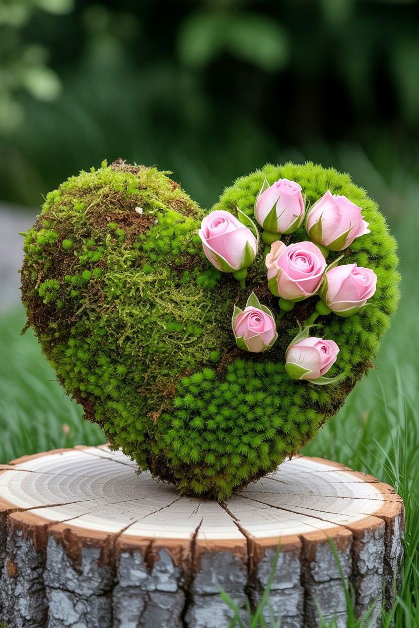 Moss Heart With Roses - 25 Valentine's Day Flower Heart Ideas