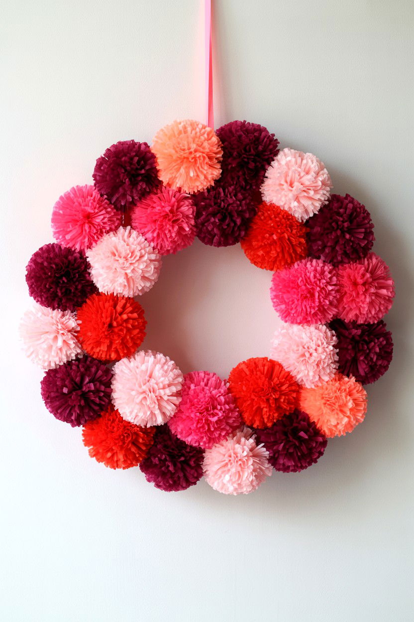 Multi Color Pom Pom Wreath - 25 Yarn Valentine's Day Wreath Ideas