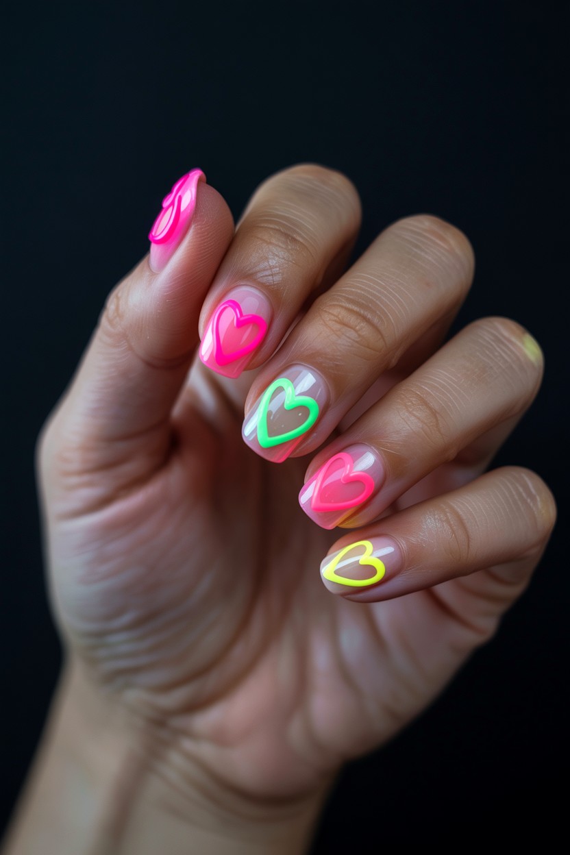 Neon Heart Nails - 25 Heart Nail Design Ideas