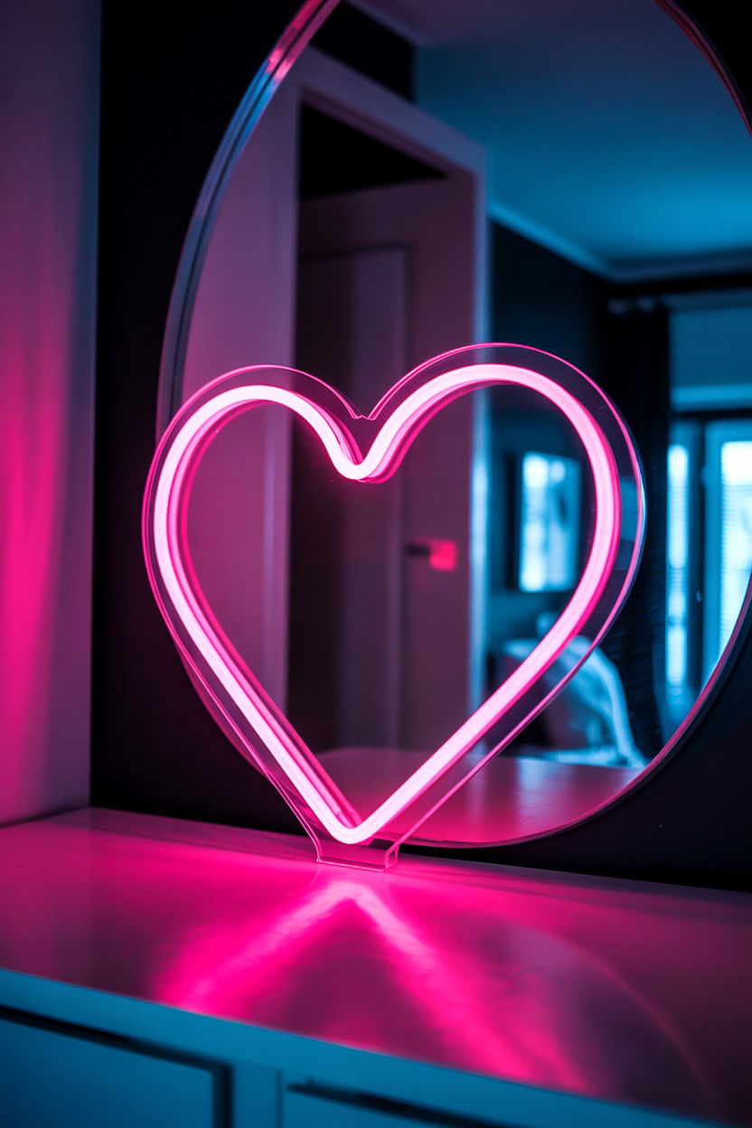 Neon heart mirror sign - 25 Valentine's Day Mirror Decor Ideas