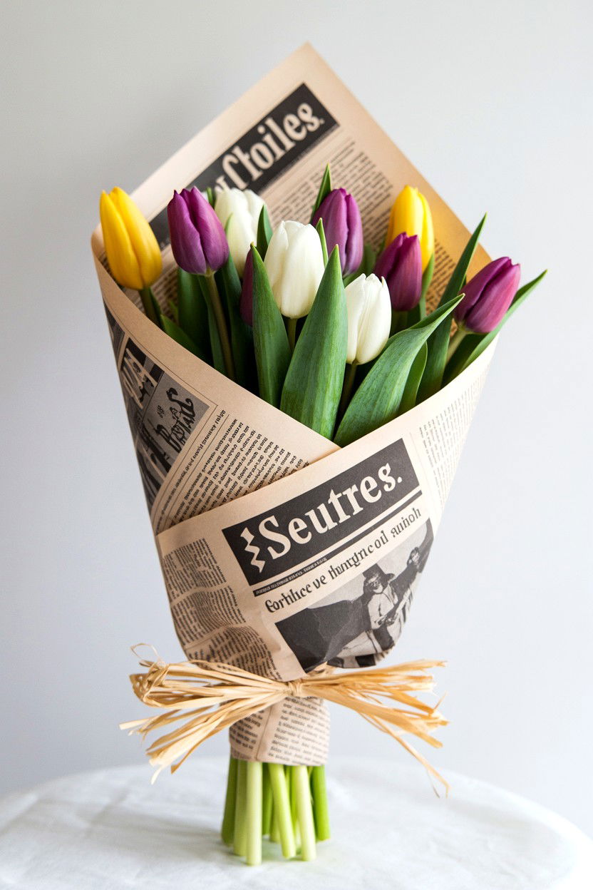 Newspaper Bouquet Wrap - 25 Valentine's Day Flower Wrapping Ideas