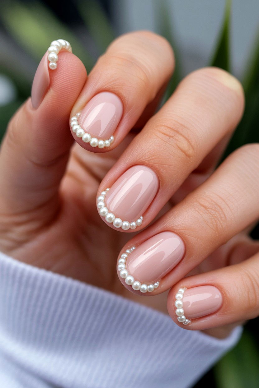 Nude Nails With Pearl Borders - 25 Pearl Valentine's Day Nail Ideas