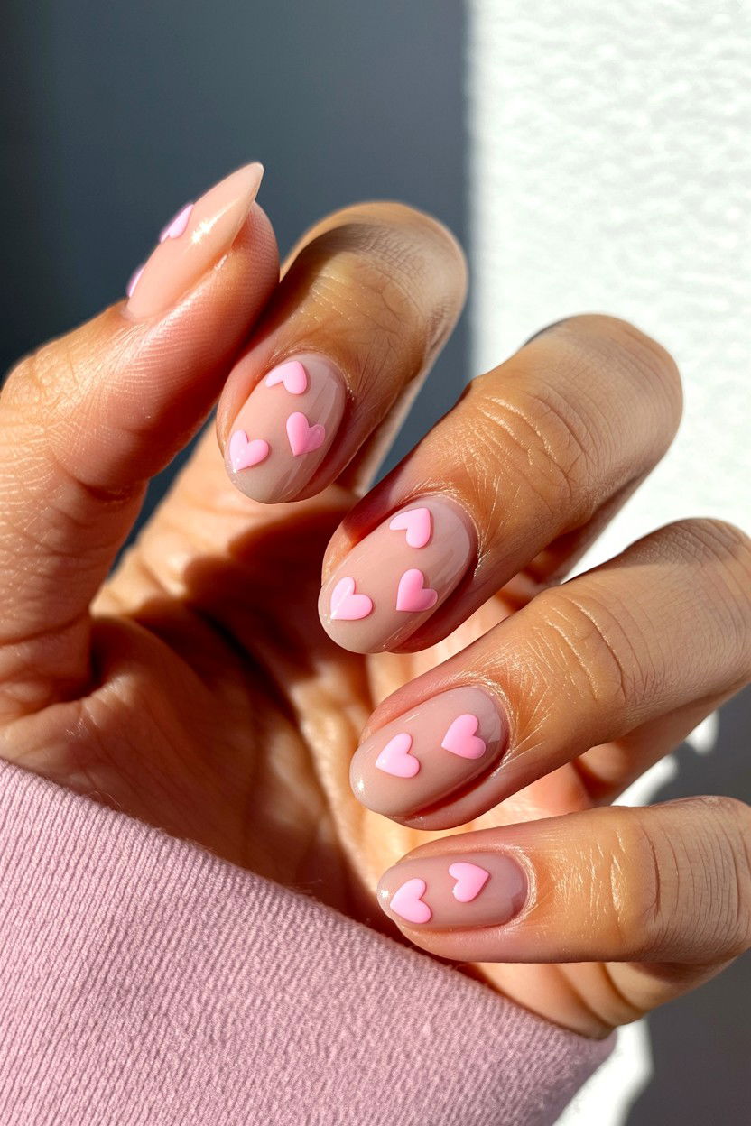 Nude Nails With Pink Hearts - 25 Valentine's Day Toe Nail Ideas
