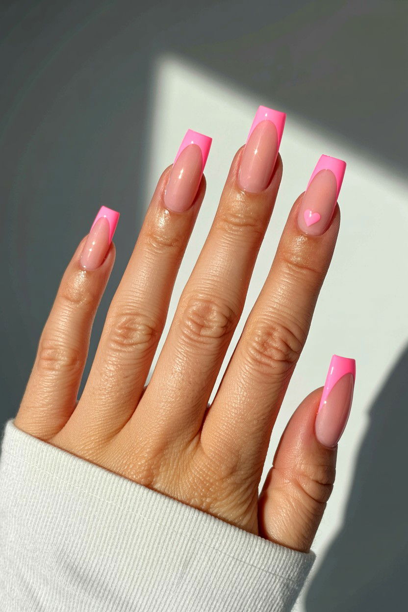 Nude Nails With Pink Hearts - 25 Valentine's Day Coffin Nail Ideas