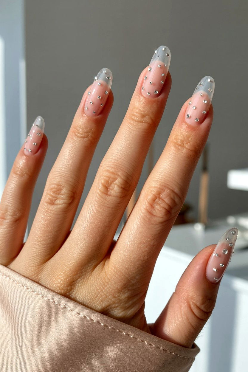 Nude Nails With Silver Rhinestones - 25 Rhinestone Valentine's Day Nail Ideas