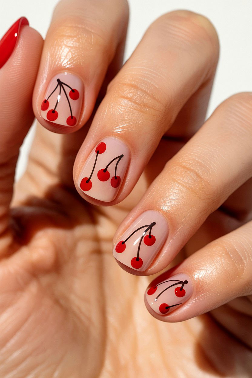 Nude Nails With Tiny Cherries - 25 Cherry Valentine's Day Nail Ideas