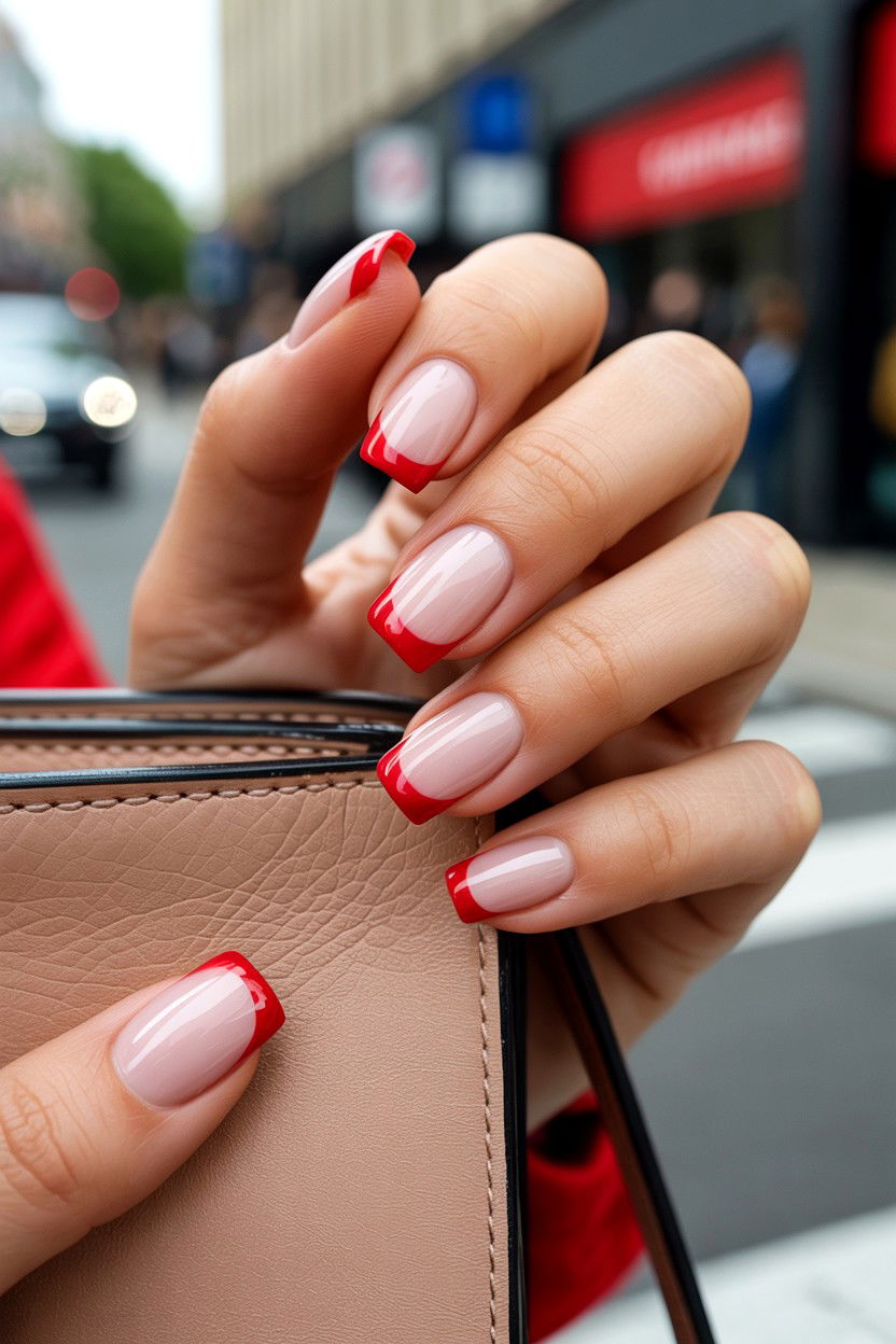 Nude Square Nails With Red Tips - 25 Valentine's Day Square Nail Ideas
