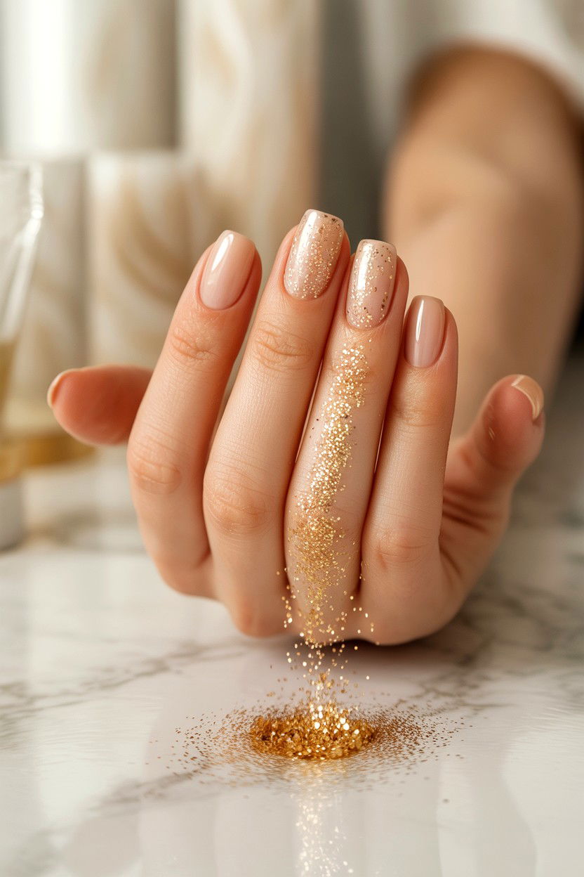 Nude nails with gold glitter - 25 Glitter Valentine's Day Nail Ideas