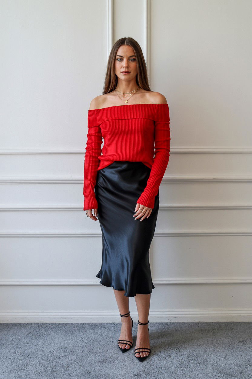 Off The Shoulder Red Sweater - 25 Valentine's Day Sweater Outfits