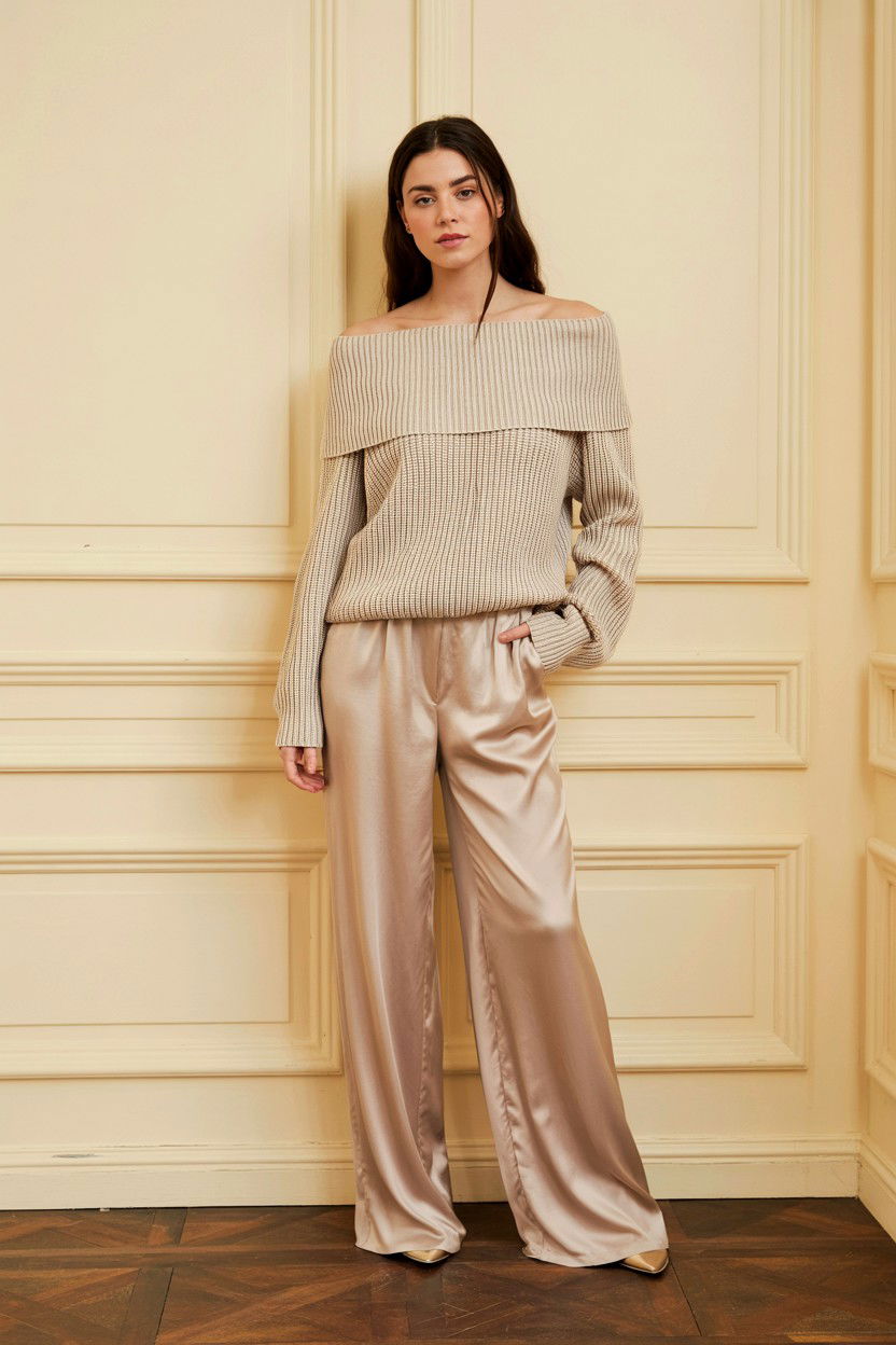 Off the shoulder sweater and silk pants - 25 Valentine's Day Quiet Luxury Outfits