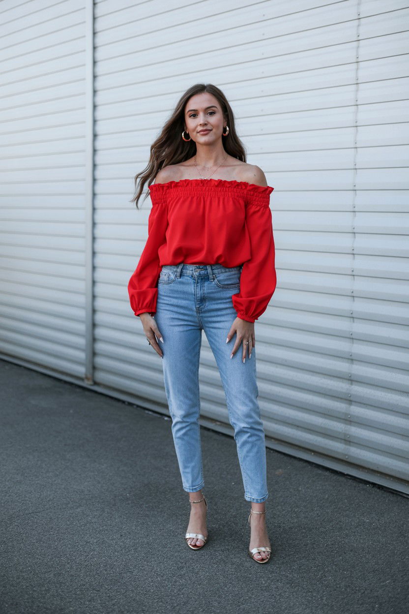 Off the shoulder top and jeans - 25 Valentine's Day Jeans Outfits