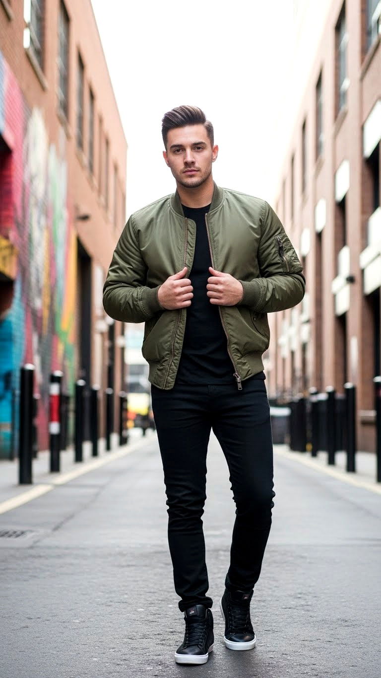 Olive green bomber jacket - 25 valentine's day outfit ideas for men