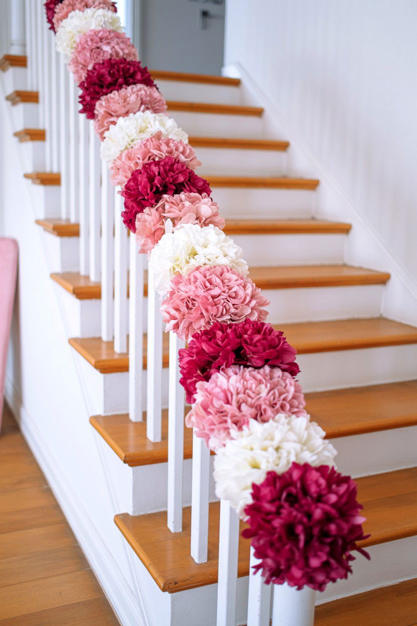 Ombre pink flower garland for stairs - 25 Valentine's Day Staircase Decor Ideas