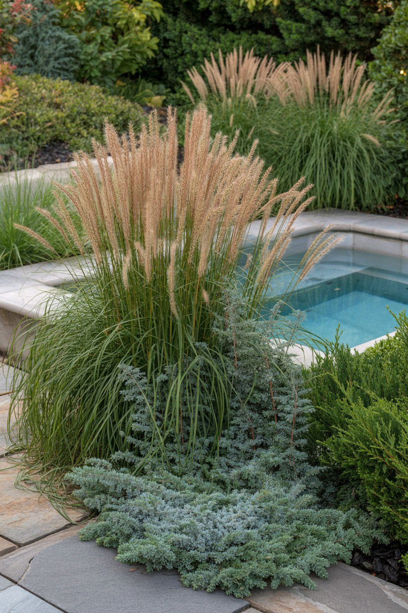 Ornamental grasses around the hot tub - 30 backyard hot tub ideas