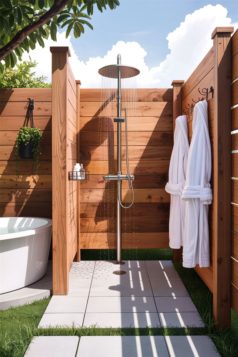 Outdoor shower near the hot tub - 30 backyard hot tub ideas