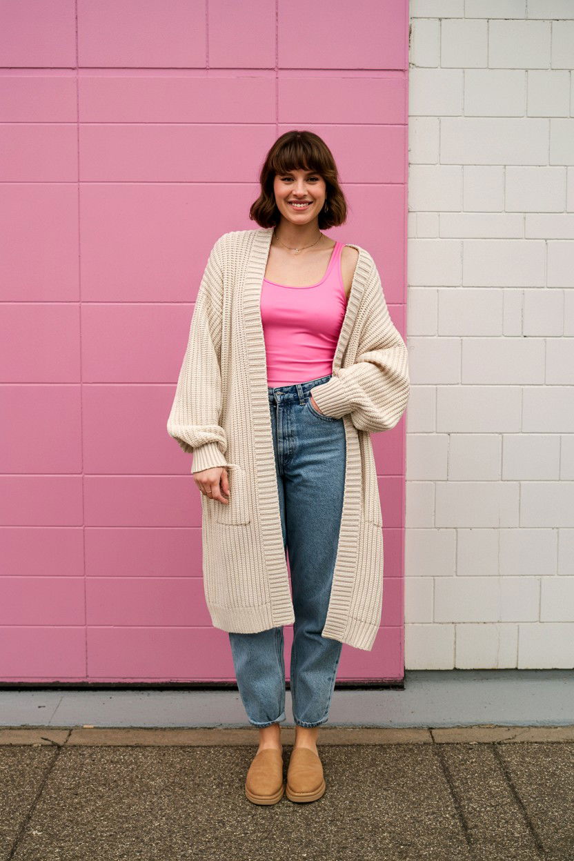 Oversized cardigan and jeans - 25 Valentine's Day Jeans Outfits