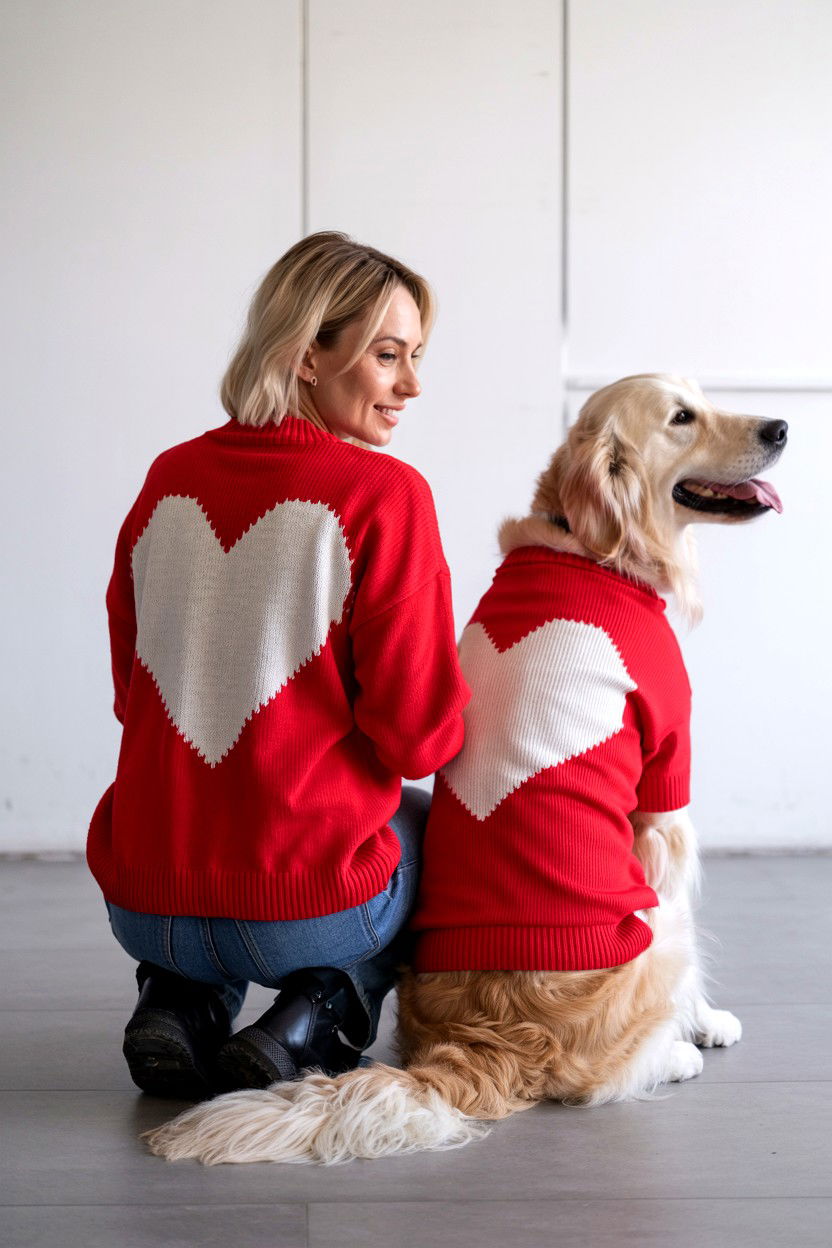 Owner And Dog Matching Sweaters - 25 Valentine's Day Pet Portrait Ideas
