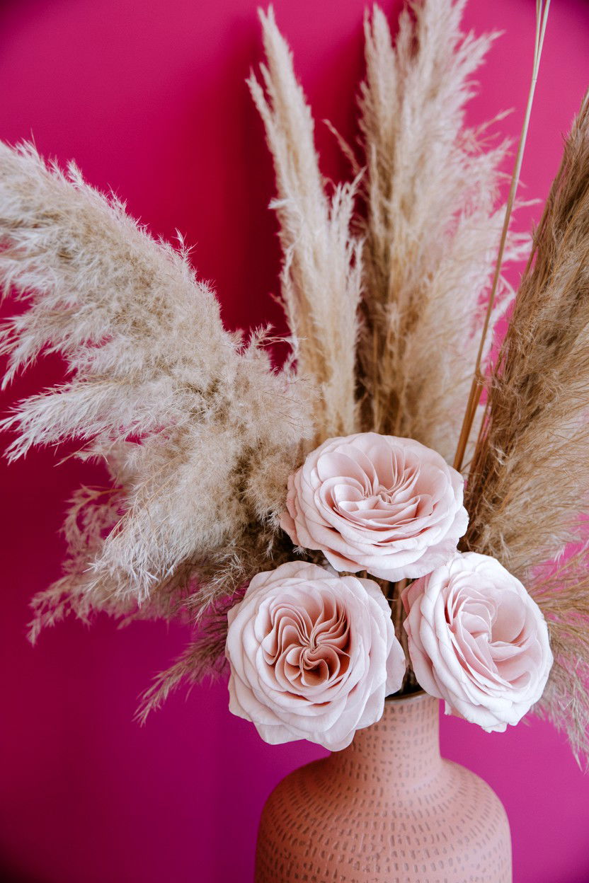 Pampas Grass And Pink Roses - 25 Valentine's Day Fake Flower Ideas