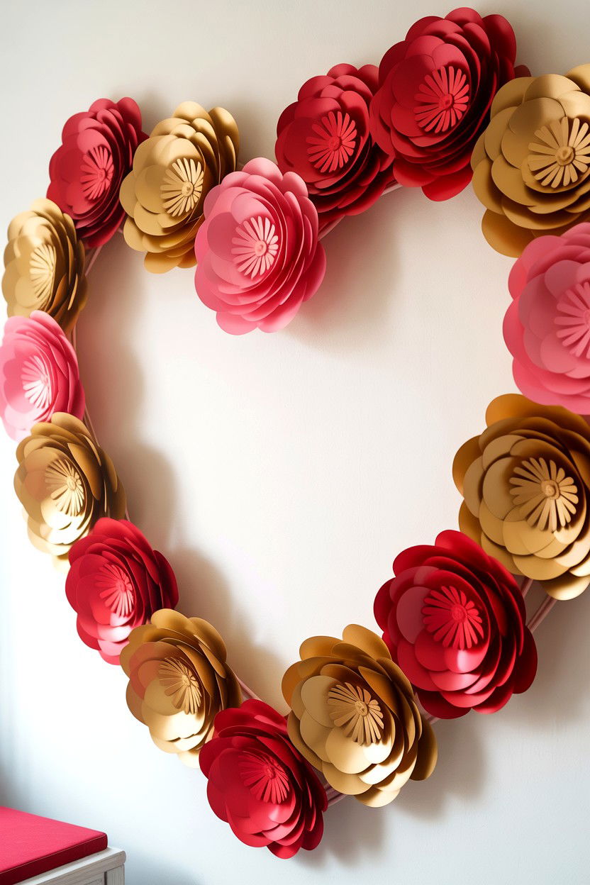 Paper Flower Heart Wall - 25 Valentine's Day Flower Heart Ideas