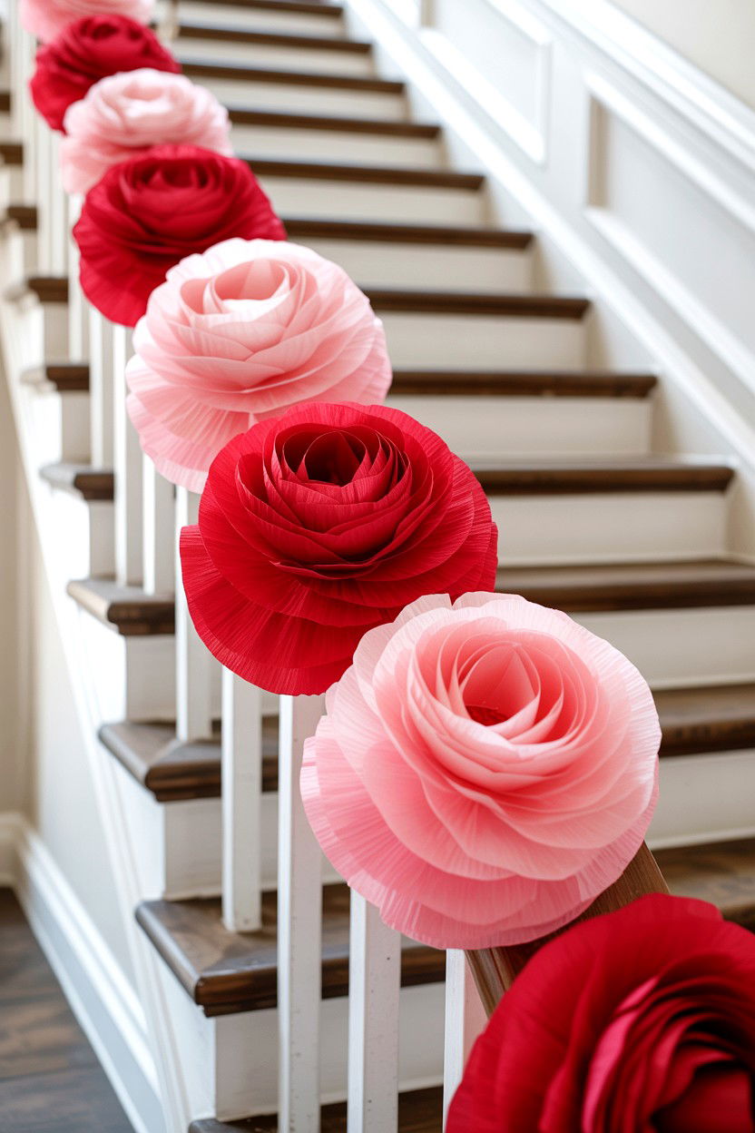Paper flower garland for banister - 25 Valentine's Day Staircase Decor Ideas