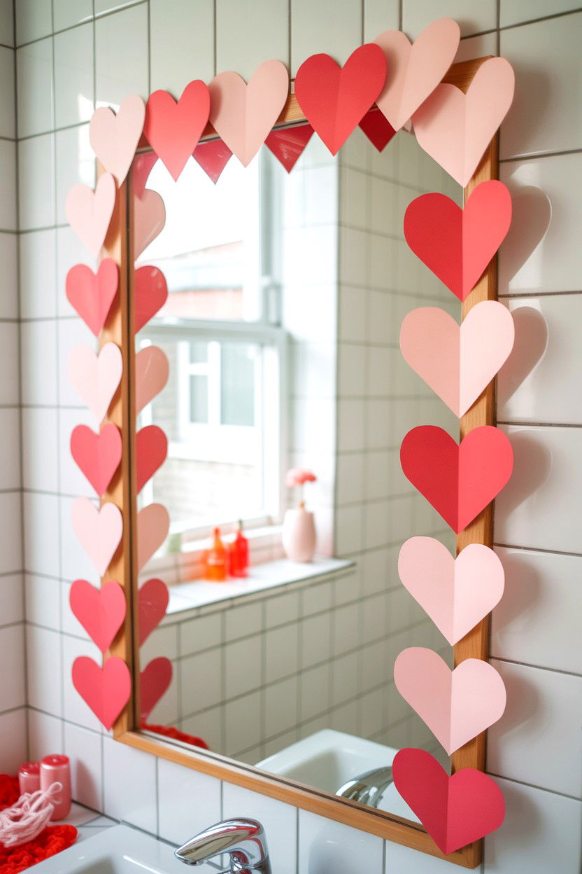 Paper heart mirror fringe - 25 Valentine's Day Mirror Decor Ideas