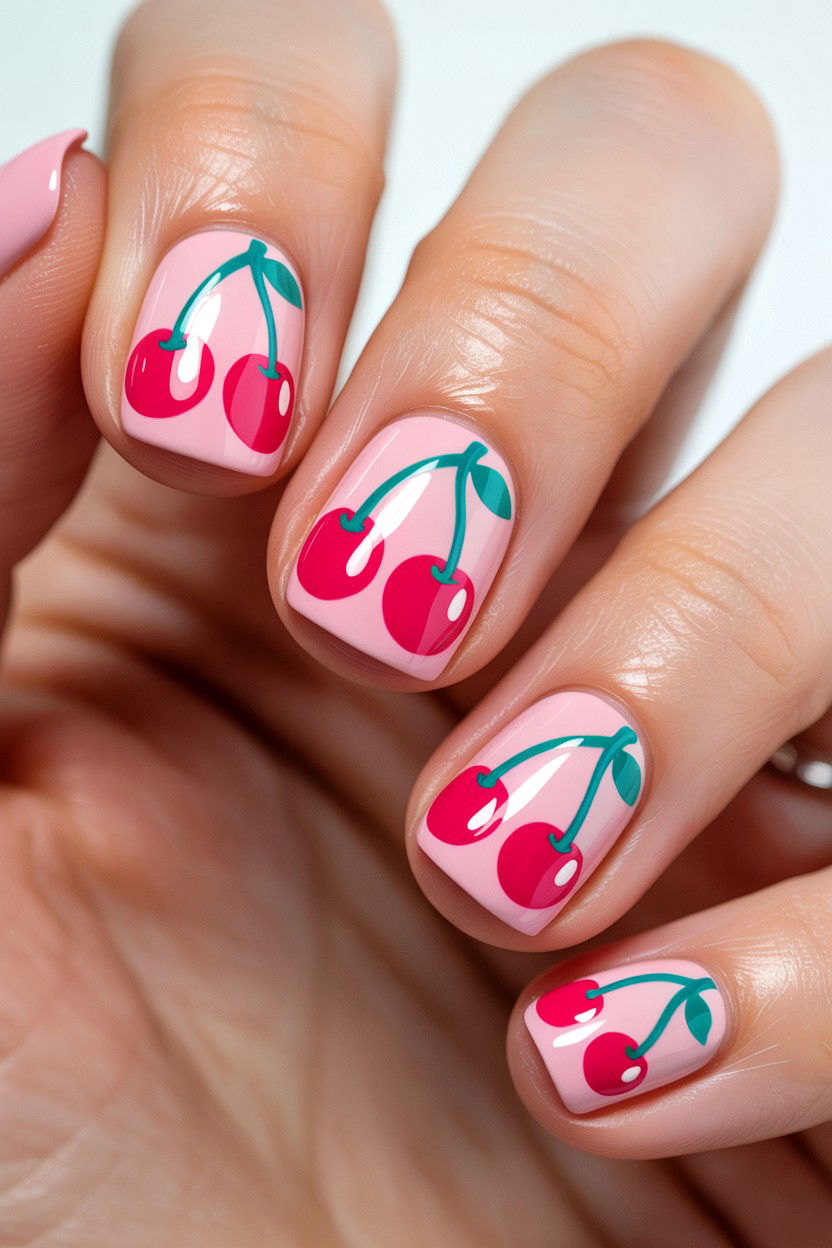 Pastel Pink Cherry Nails - 25 Cherry Valentine's Day Nail Ideas