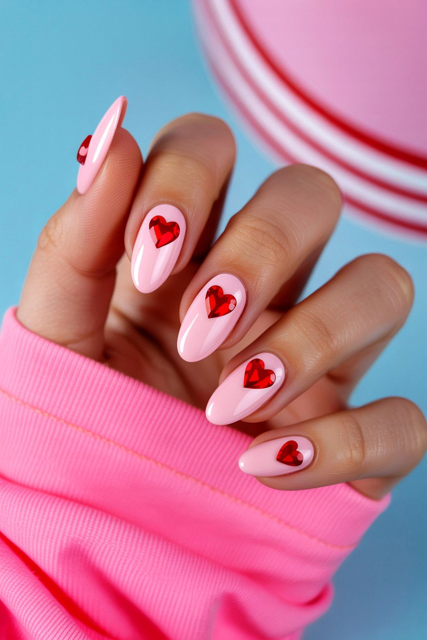 Pastel Pink Nails With Heart Rhinestones - 25 Rhinestone Valentine's Day Nail Ideas