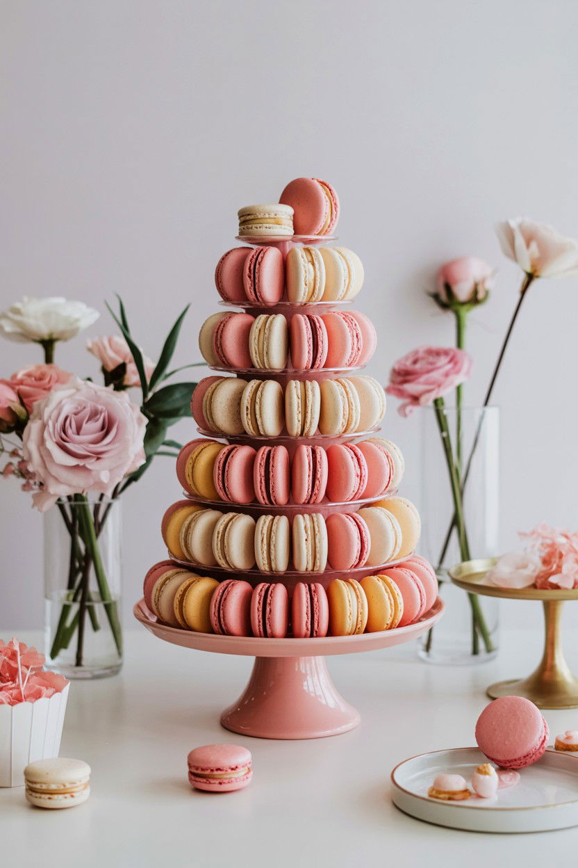 Pastel pink macaron tower - 25 Valentine's Day Dessert Table Ideas