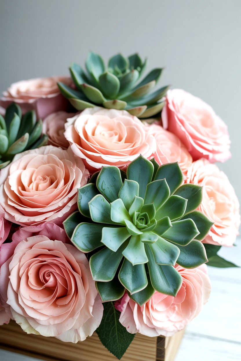 Peach Rose And Succulent Bouquet - 25 Valentine's Day Mixed Bouquet Ideas