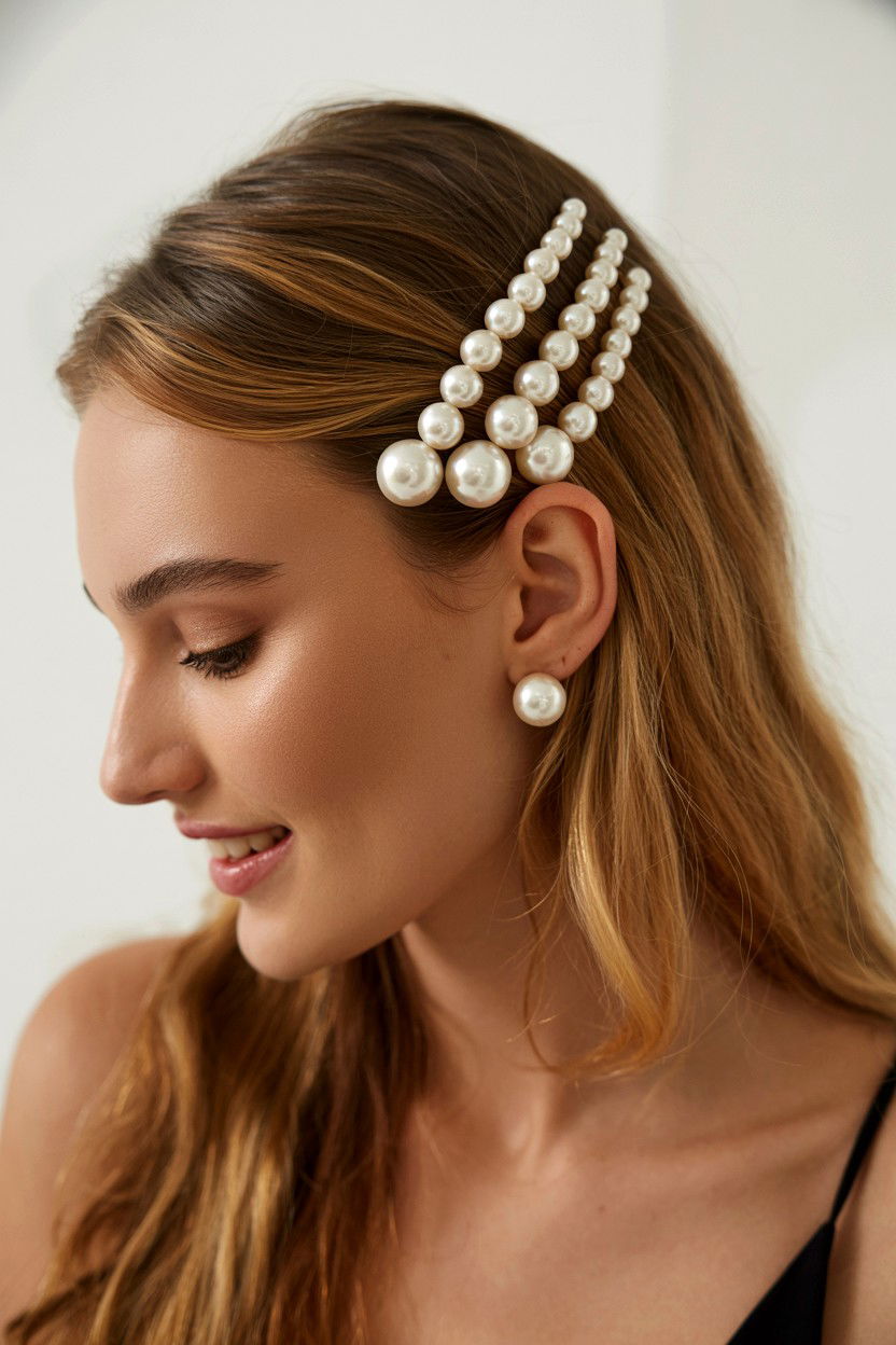 Pearl Hair Clip Side Sweep - 25 Valentine's Day Side Swept Hair Ideas