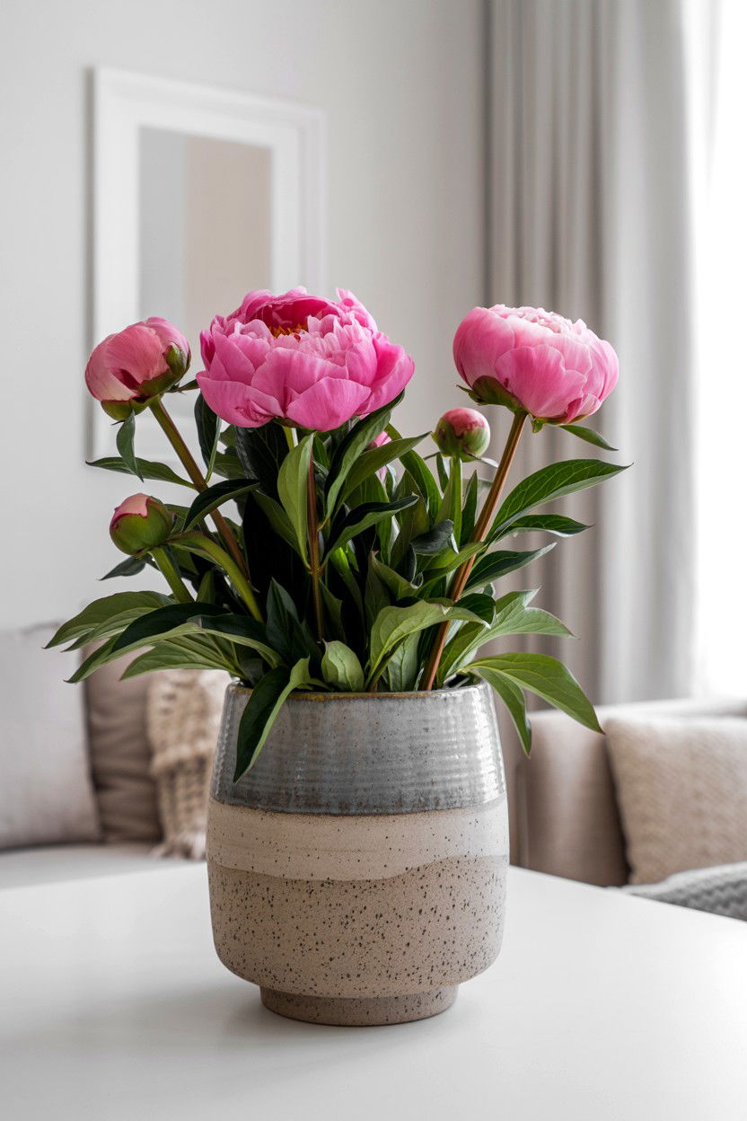 Peonies In Ceramic Pot - 25 Valentine's Day Peony Arrangement Ideas
