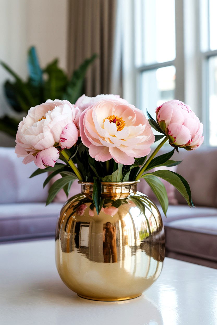 Peonies In Gold Vase - 25 Valentine's Day Peony Arrangement Ideas