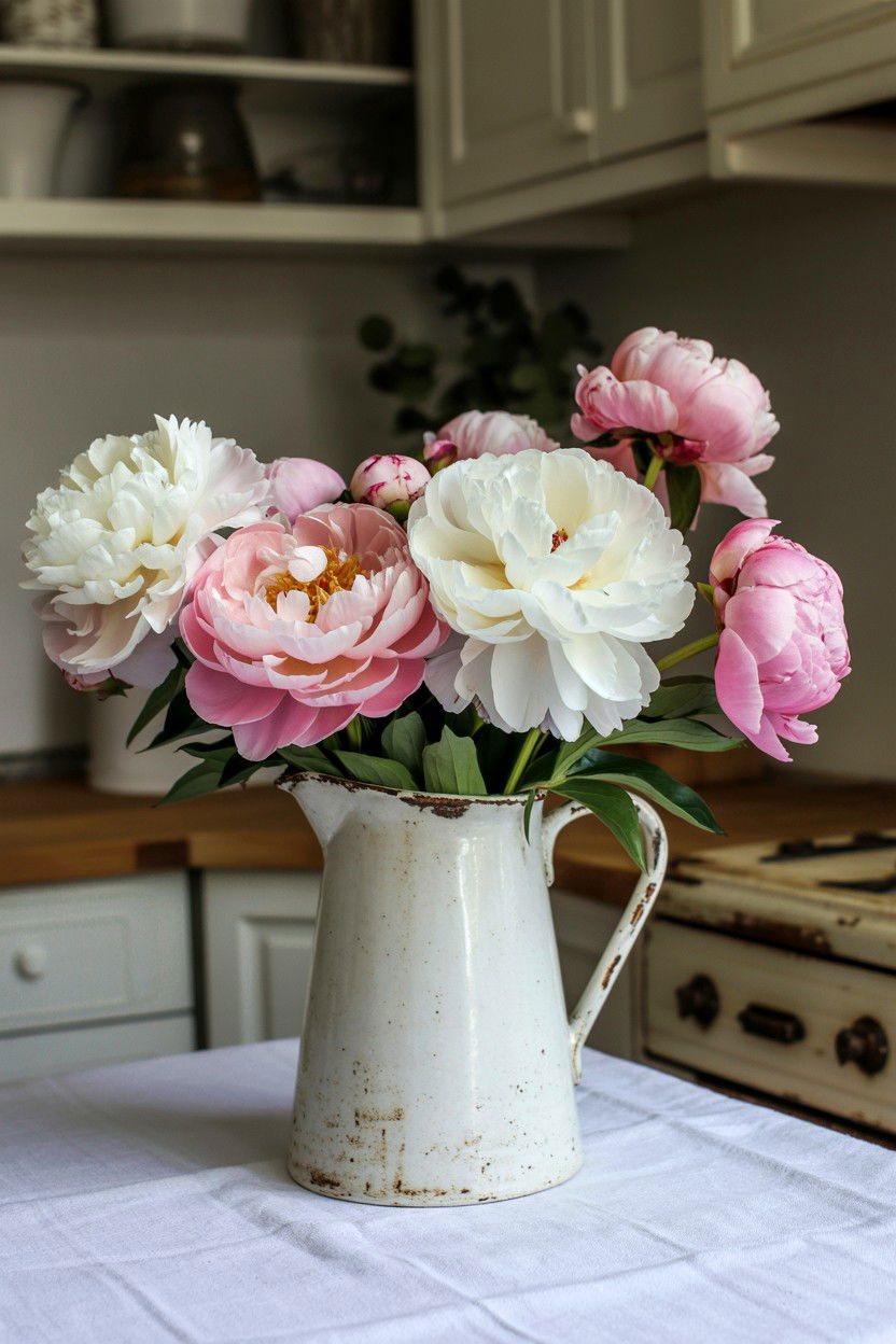 Peonies In Vintage Pitcher - 25 Valentine's Day Peony Arrangement Ideas