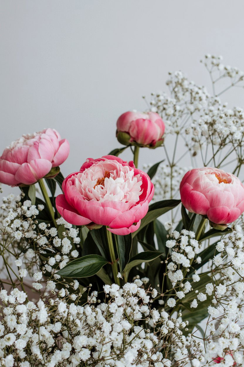 Peonies With Babys Breath - 25 Valentine's Day Peony Arrangement Ideas