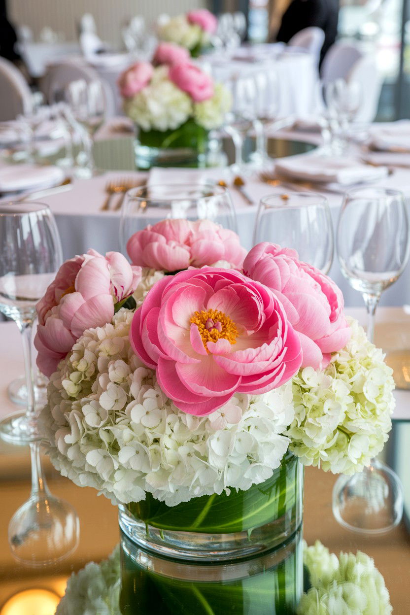 Peony And Hydrangea Centerpiece - 25 Valentine's Day Peony Arrangement Ideas