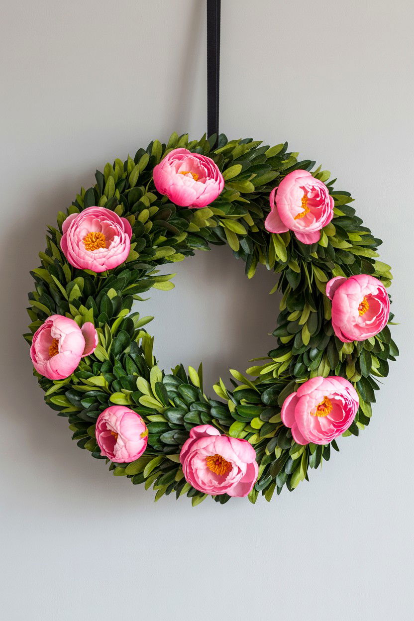 Peony Boxwood Wreath - 25 Peony Valentine's Day Wreath Ideas