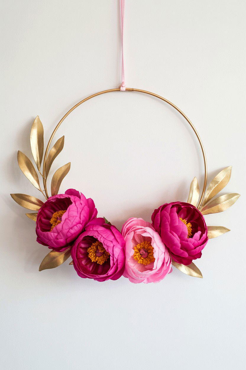 Peony Gold Hoop Wreath - 25 Peony Valentine's Day Wreath Ideas
