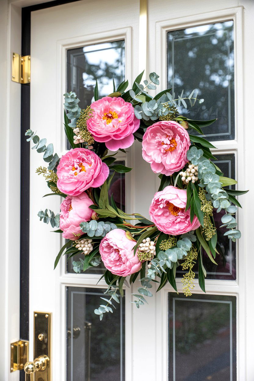 Peony and eucalyptus wreath - 25 Flower Valentine's Day Wreath Ideas