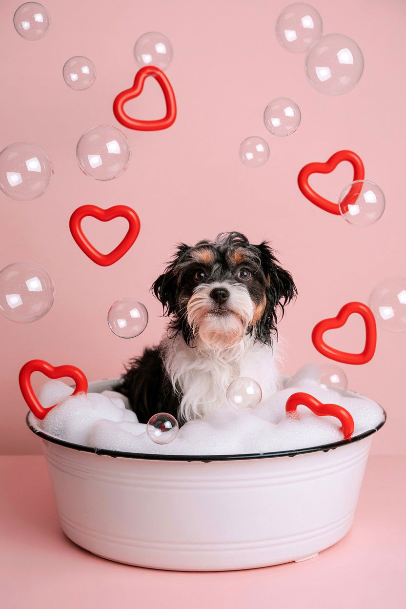 Pet In Bubble Bath With Hearts - 25 Valentine's Day Pet Portrait Ideas